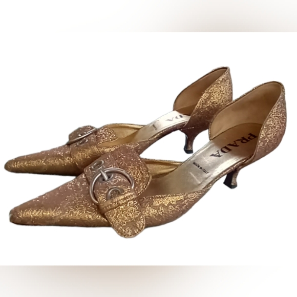 PRADA Shoes 8 Gold Brocade Flats / Kitten Heel - Picture 3 of 14